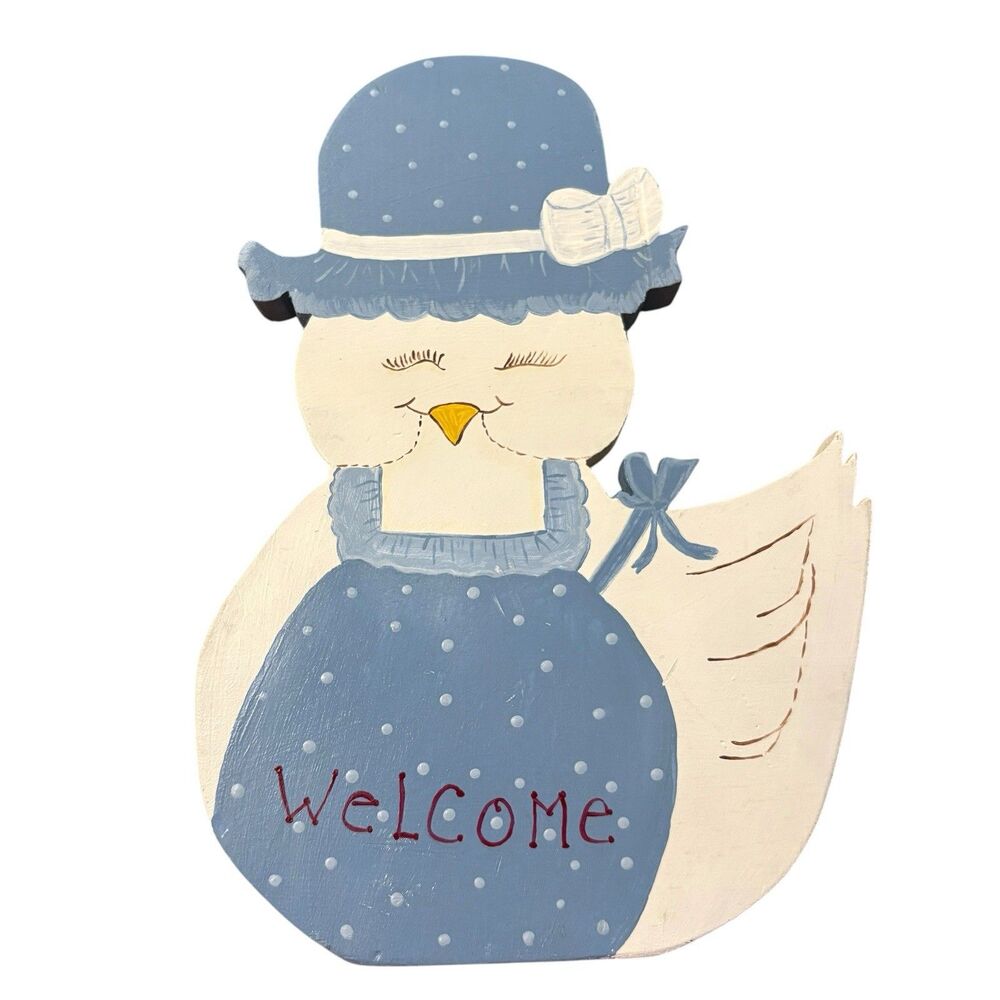 Vintage Hand Painted Wooden Goose Welcome Plaque Blue Polka Dot Wall Hanging